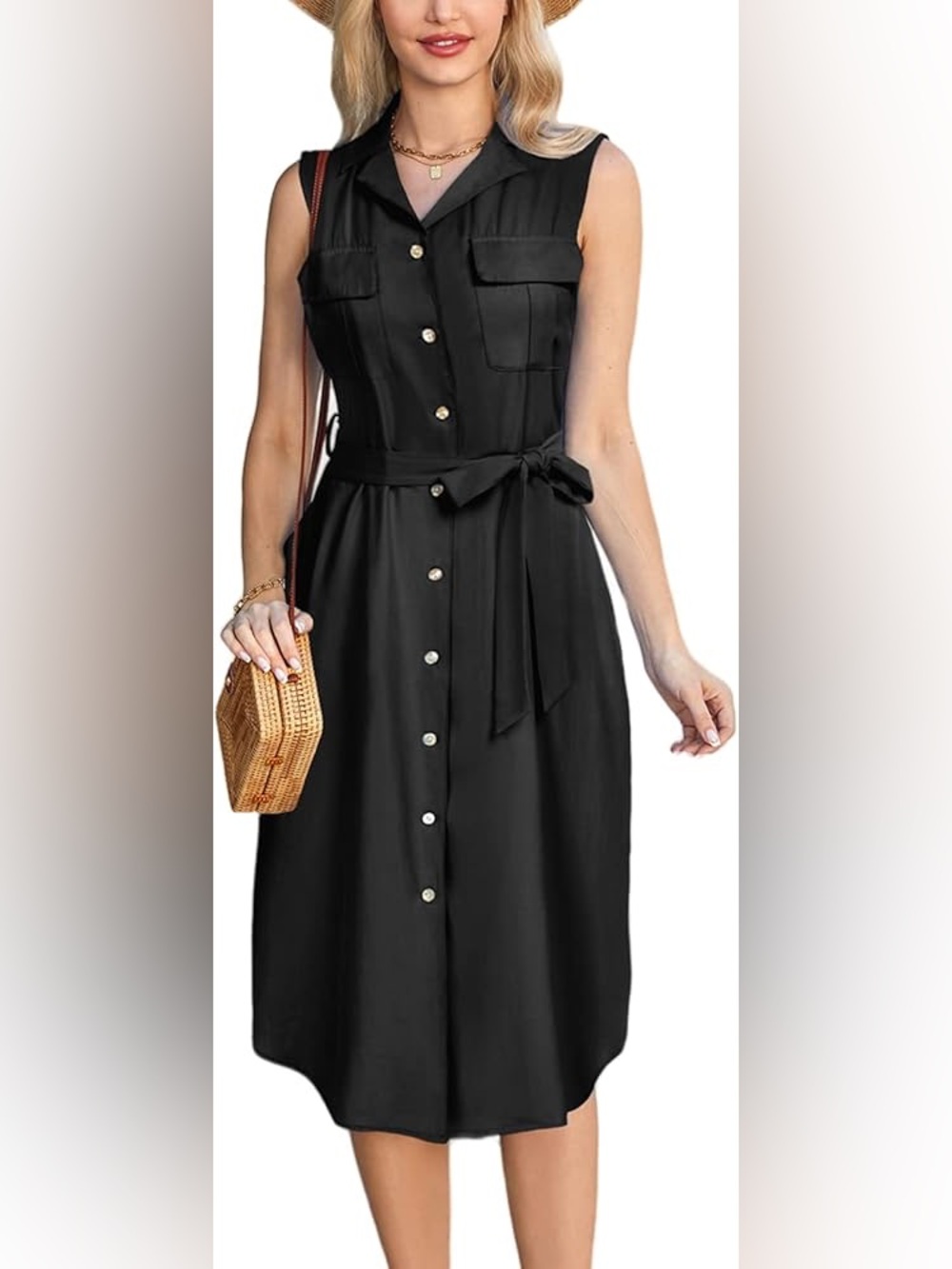 Banana Republic Black Sleeveless Midi Dress Button Front Tie Waist